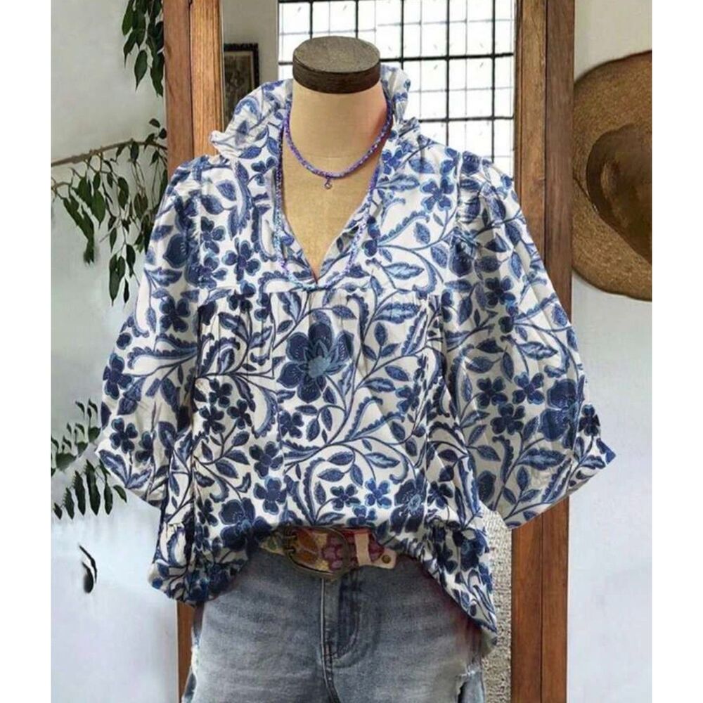 Blue & White Ruffle V-Neck Balloon Sleeve Blouse Size 12 (XL)